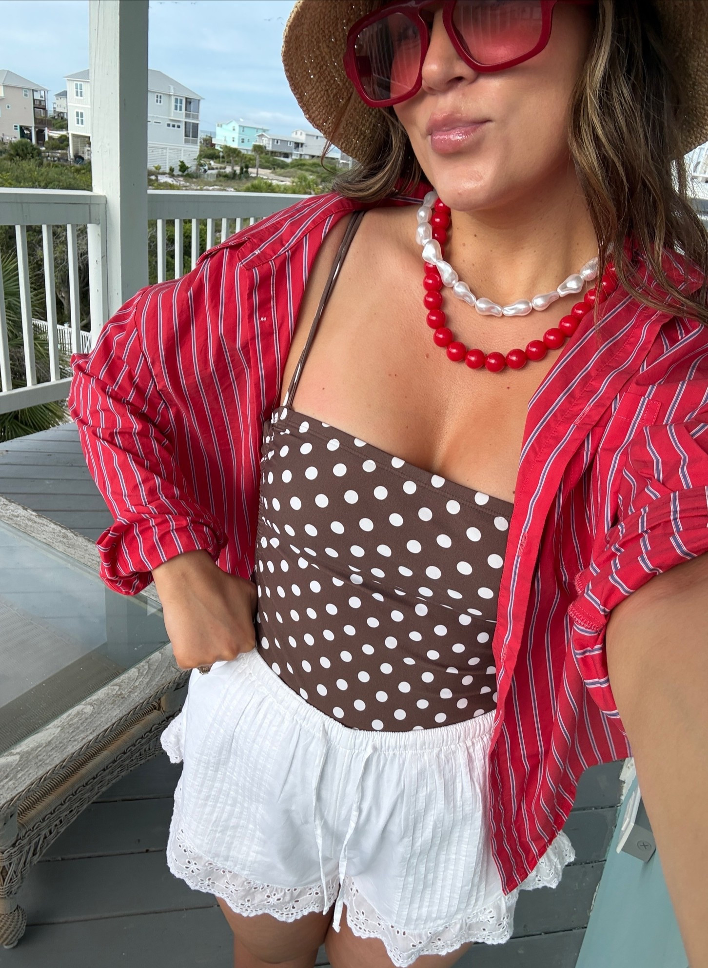 Wearing a medium in both the swimsuit and shorts. 

Beach summer outfit. Summer outfit. Poolside outfit. One piece swimsuit. Polka dot swimsuit. Beaded necklaces

#LTKootd