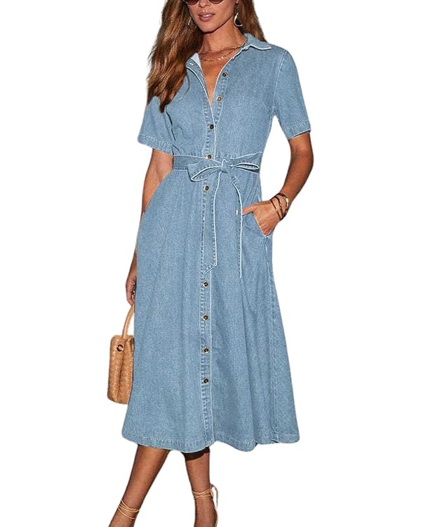 chouyatou Women Summer Belted Button Down Denim Shirt Dress Business Casual Short Sleeve Jean Shi... | Amazon (US)