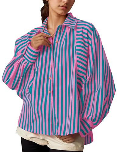 HOCANDY Womens Boyfriend Striped Button Down Shirt Batwing Sleeve Casual Loose Lapel Collar High Low Split Hem Work Blouses Blue-Pink | Amazon (US)