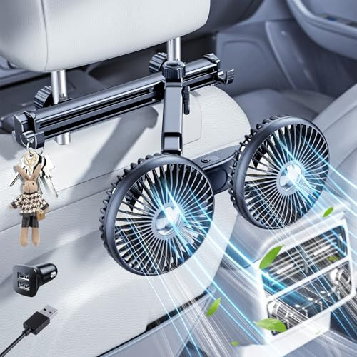 xuenair Car Fan for Backseat Kids Baby Dog, Dual Head USB Fan for Car Seat Headrest SUV Van Pickup RV Vehicle - Slidable Extension Arm 360 Rotatable Strong 3 Speed 2 Hidden Car Hook | Amazon (US)