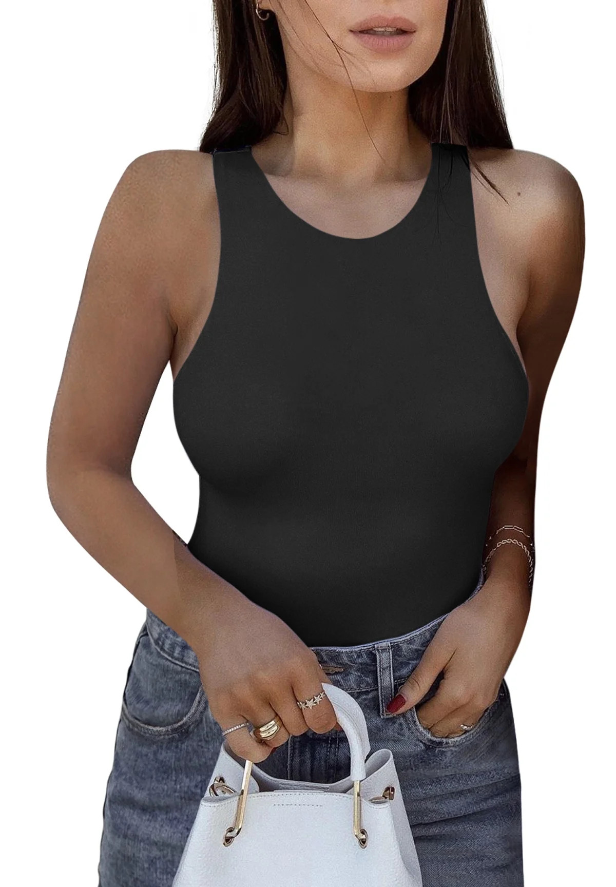 REORIA Women's Tank Bodysuit Halter Neck Racerback Sleeveless Black-XL - Walmart.com | Walmart (US)
