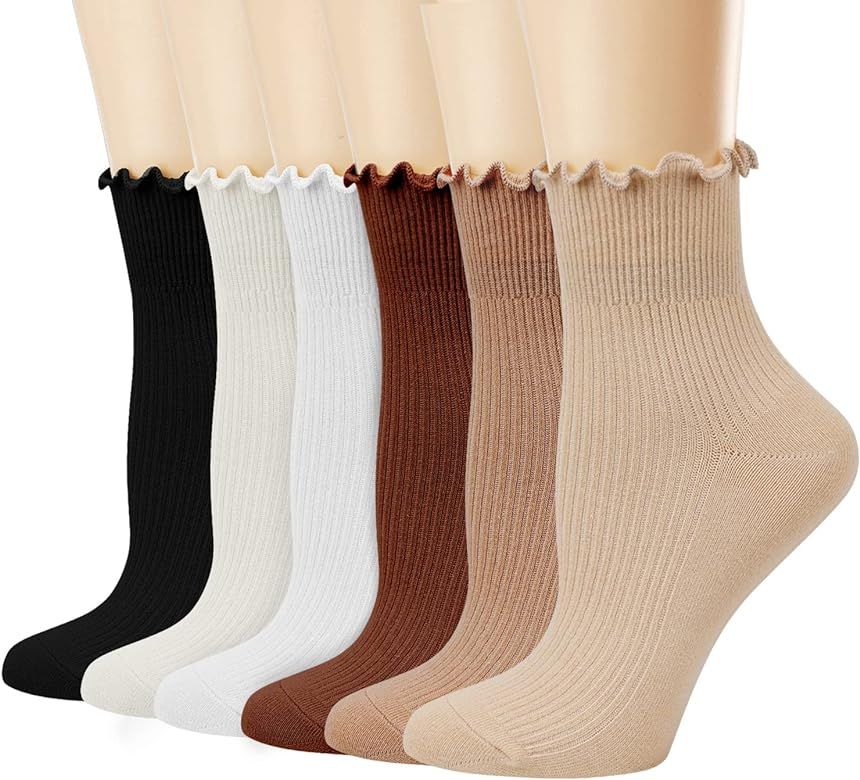 Women's Ruffle Socks,Casual Cute Ankle Socks Breathable Knit Cotton Soft Frilly Crew Socks for Wo... | Amazon (US)