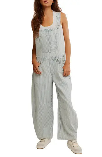 Free People Good Luck Stripe Barrel Leg Overalls in Indigo Railroad at Nordstrom Rack, Size Large | Nordstrom Rack