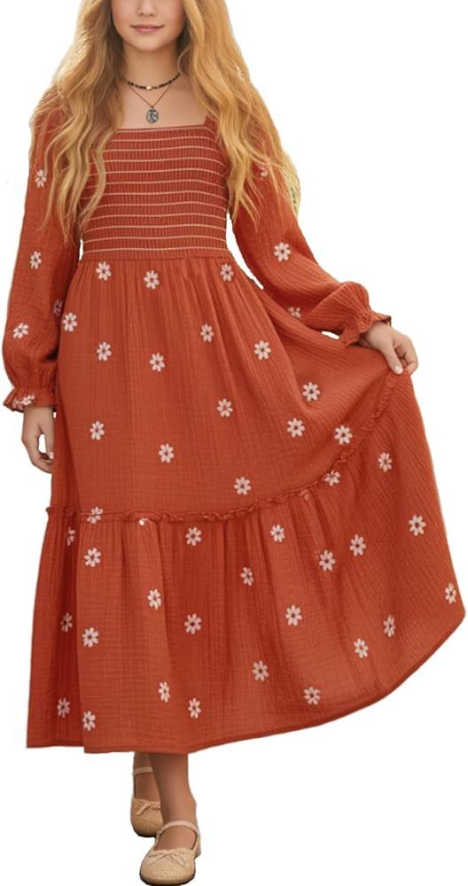 Sunny Spirit Girls Dresses Spring Maxi Tween Boho Floral Long Puff Sleeves Square Neck Embroidere... | Amazon (US)