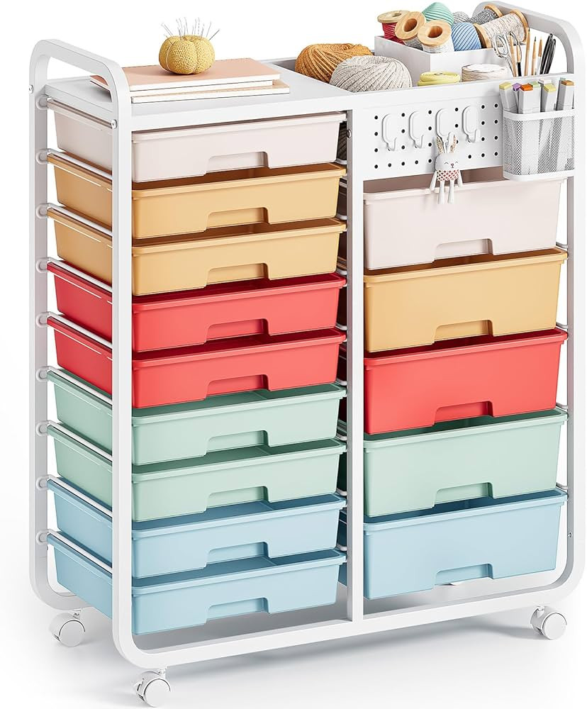 14 Drawer Rolling Cart with Tabletop & DIY Pegboard, Storage Cart with Wheels, Classroom Organize... | Amazon (US)