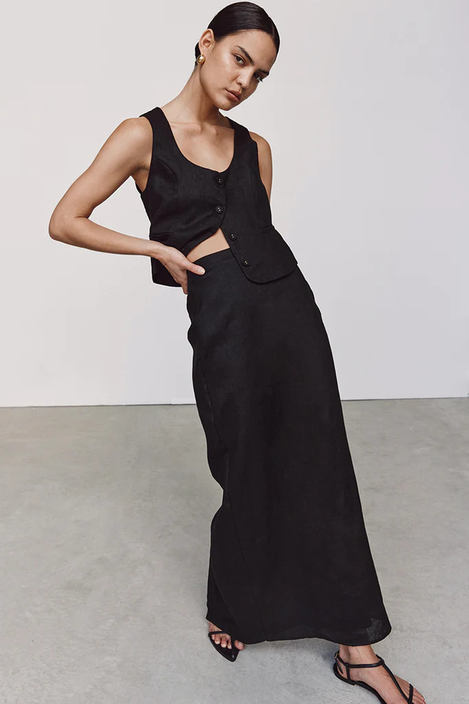 ROBERTS BLACK LINEN MIDI SKIRT | DISSH