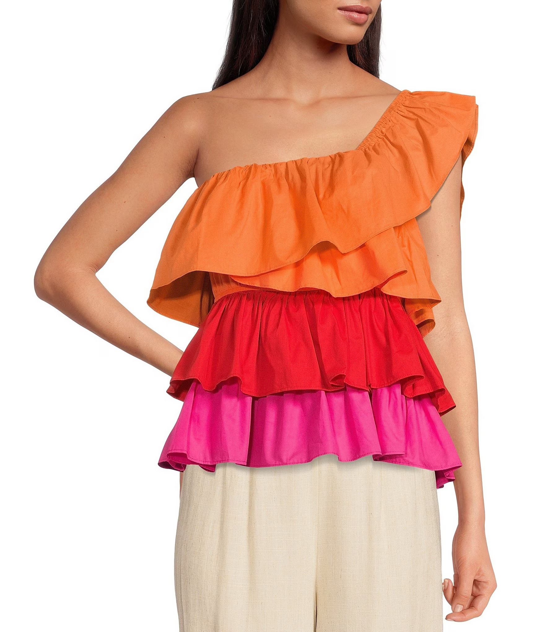 Color Block Asymmetrical One Shoulder Cap Sleeve Ruffle Tiered Cropped Top | Dillard's