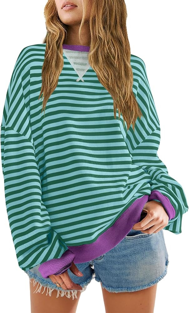 SENSERISE Womens Oversized Classic Striped Crewneck Sweatshirts Long Sleeve Color Block Shirts Ca... | Amazon (US)