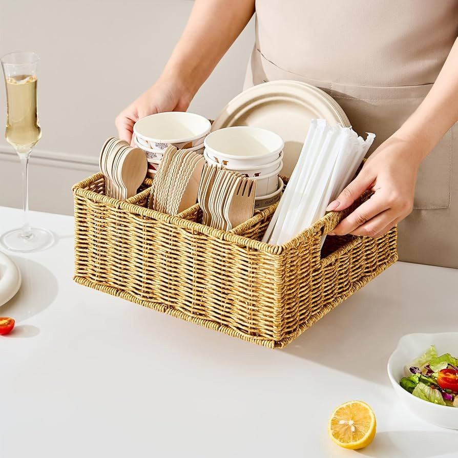Amazon.com: Berdeng Utensil Holder for Party, Paper Plate Dispenser for Countertop, Silverware Caddy for Picnic, Cutlery Holder for Kitchen Camping Buffet, Wicker Basket with 6 Compartments : Home & Kitchen | Amazon (US)