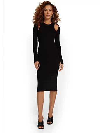 2-Piece Ribbed Knit Midi Dress & Shrug Set - Beige Botany - New York & Company | New York & Company