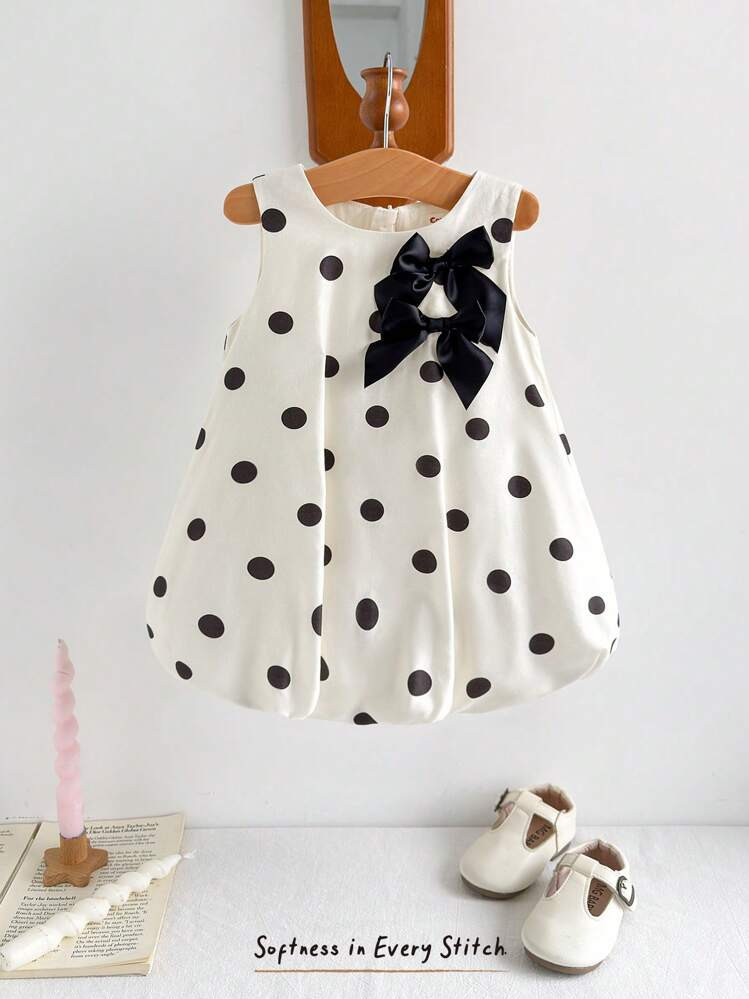Cozy Pixies Baby Girl Polka Dot Pattern Bow Decor Sleeveless Round Neck Dress | SHEIN