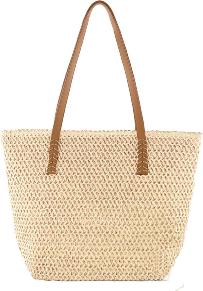 Straw Beach Tote Bag for Women, Large Summer Woven Straw Bag Shoulder Handbags, Beach Bag for Tra... | Amazon (US)