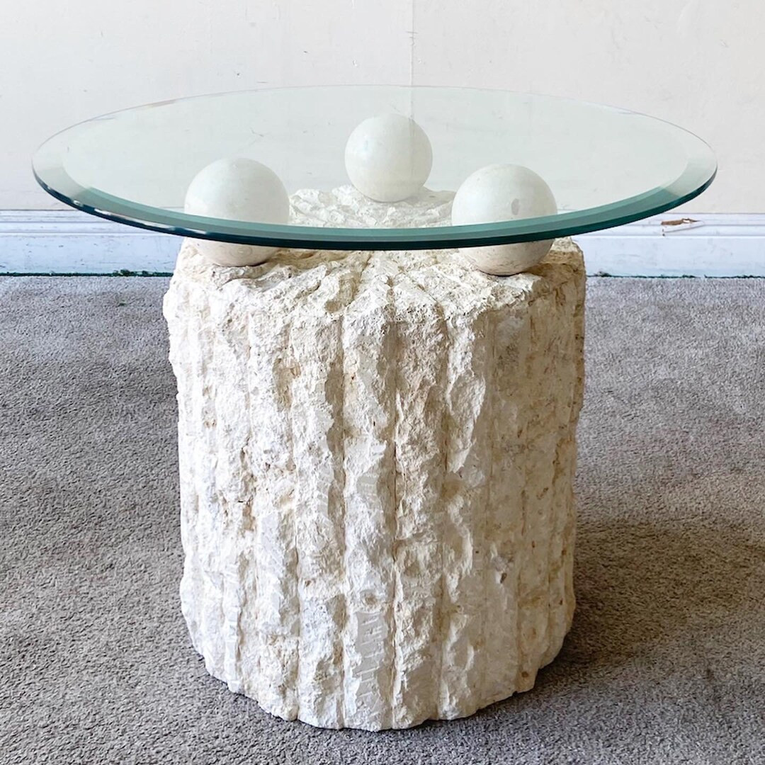Postmodern Tessellated Stone Glass Top Circular Side Table | Etsy (US)