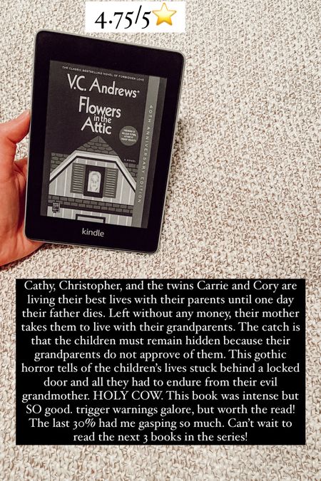 73. Flowers in the Attic by V.C. Andrews :: 5/5⭐️ Cathy, Christopher, and the twins Carrie and Cory are living their best lives with their parents until one day their father dies. Left without any money, their mother takes them to live with their grandparents. The catch is that the children must remain hidden because their grandparents do not approve of them. This gothic horror tells of the children’s life stuck behind a locked door and all they had to endure from their evil grandmother. HOLY COW. This book was intense but SO good. trigger warnings galore, but worth the read! The last 30% had me gasping so much. Can’t wait to read the next 3 books in the series!


#LTKHome #LTKTravel