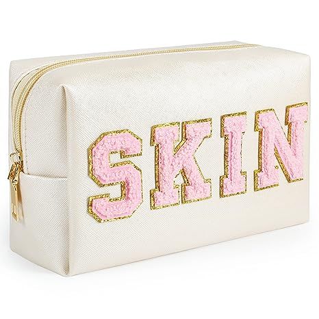 besharppin Letter Cosmetic Bag, Synthetic Leather Patch Makeup Bag with SKIN Chenille Letter for ... | Amazon (US)