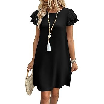 OFEEFAN Womens Summer Dresses 2026 Ruffle Sleeve Round Neck Loose Swing Sundresses with Pockets P... | Amazon (US)