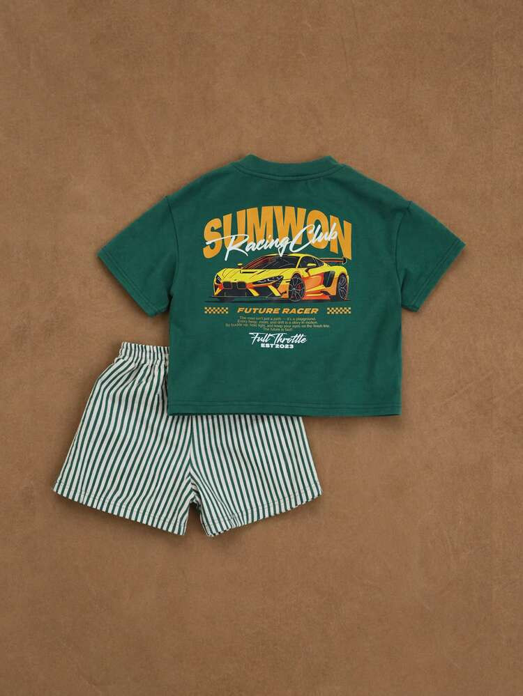 SUMWON Boys Summer Racing Car Print T-Shirt With Striped Shorts Co-Ord Set Green Casual Outfit | SHEIN