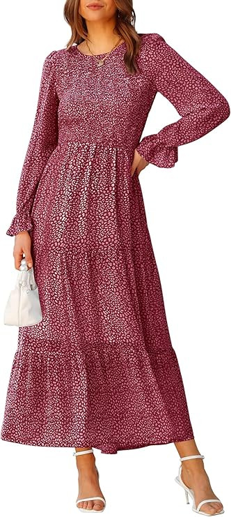 BTFBM Women Casual Long Sleeve Crew Neck Fall Dress Bohemian Relaxed Fit Floral Flowy Maxi Dresse... | Amazon (US)