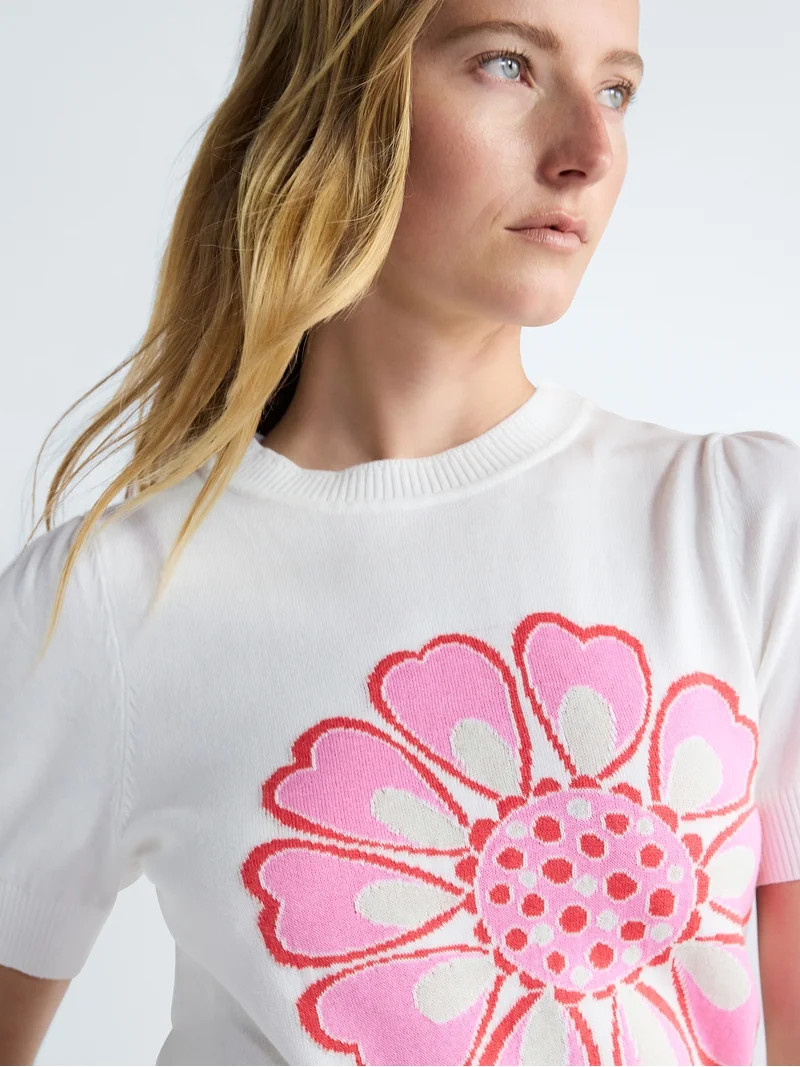 Free Assembly Women's and Women's Plus Floral Sweater with Puff Sleeves, Lightweight, Sizes XS-4X | Walmart (US)