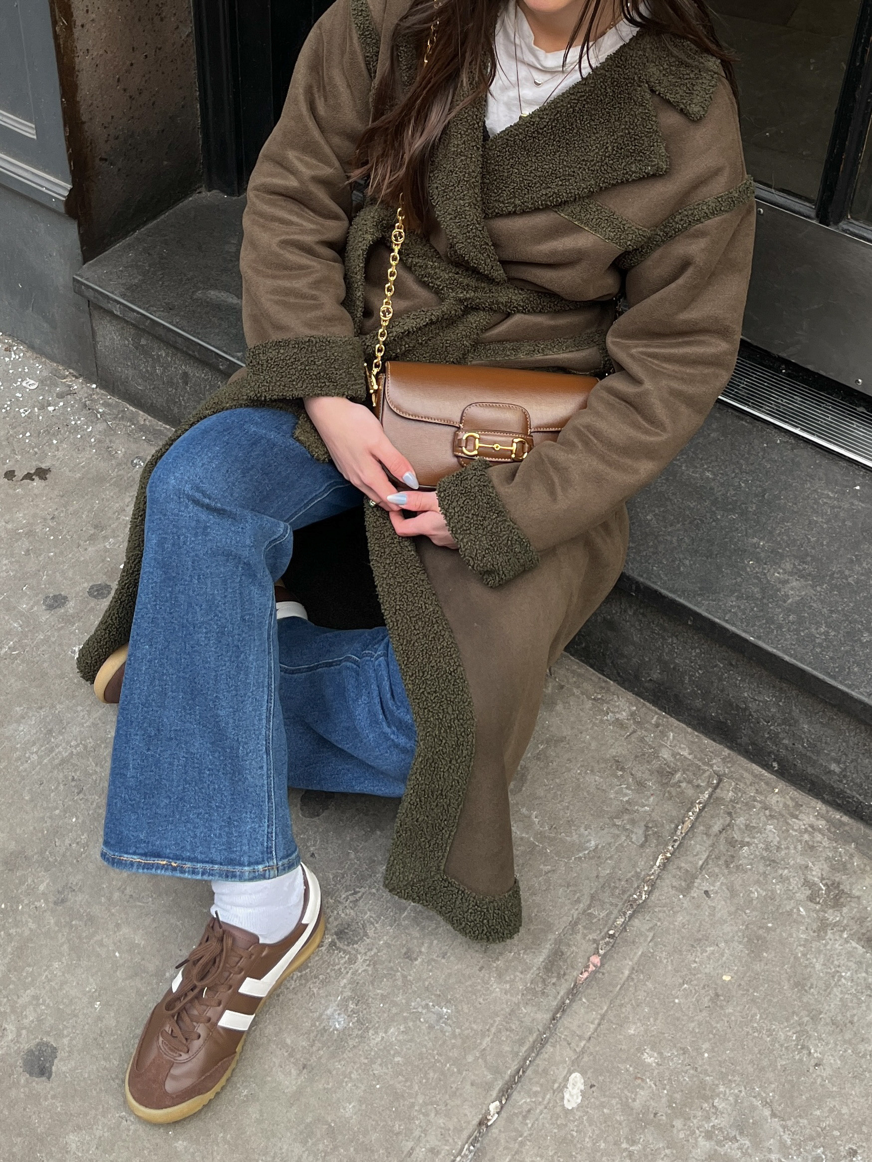 nyc outfit, nyc fashion, nyc night outfits, nyc winter outfit, nyc winter, nyc style, winter fashion, pinterest aesthetic, winter outfit, winter coat, winter jacket, winter outfits women, winter looks, winter shoes, Pinterest outfit, outfit ideas, outfit inspo, outfit inspiration, ootd inspo, casual style, casual outfit ideas, everyday outfit, Fall outfit, fall outfits, winter basics, winter staples, stolkholm style, green coat, fuzzy coat, green fuzzy coat, medium wash jeans, wide leg jeans, aero jeans, high rise jeans, high waisted jeans, brown sneakers, gola sneakers, anthropologie sneakers, brown gola sneakers, brown sambas, adidas samba, gucci bag, brown bag, brown shoulder bag, brown crossbody bag, spring outfit, spring outfit 2025, spring fashion, spring tops, spring shoes,