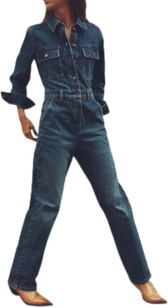 Women's Casual Long Sleeves Denim Jumpsuit High Waist Slim Fit Button Jean Pants Rompers with Poc... | Amazon (US)