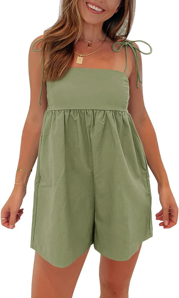 Tongmingyun Womens Casual Summer Rompers Cotton Loose Fit Spaghetti Strap Smocked Short Babydoll ... | Amazon (US)