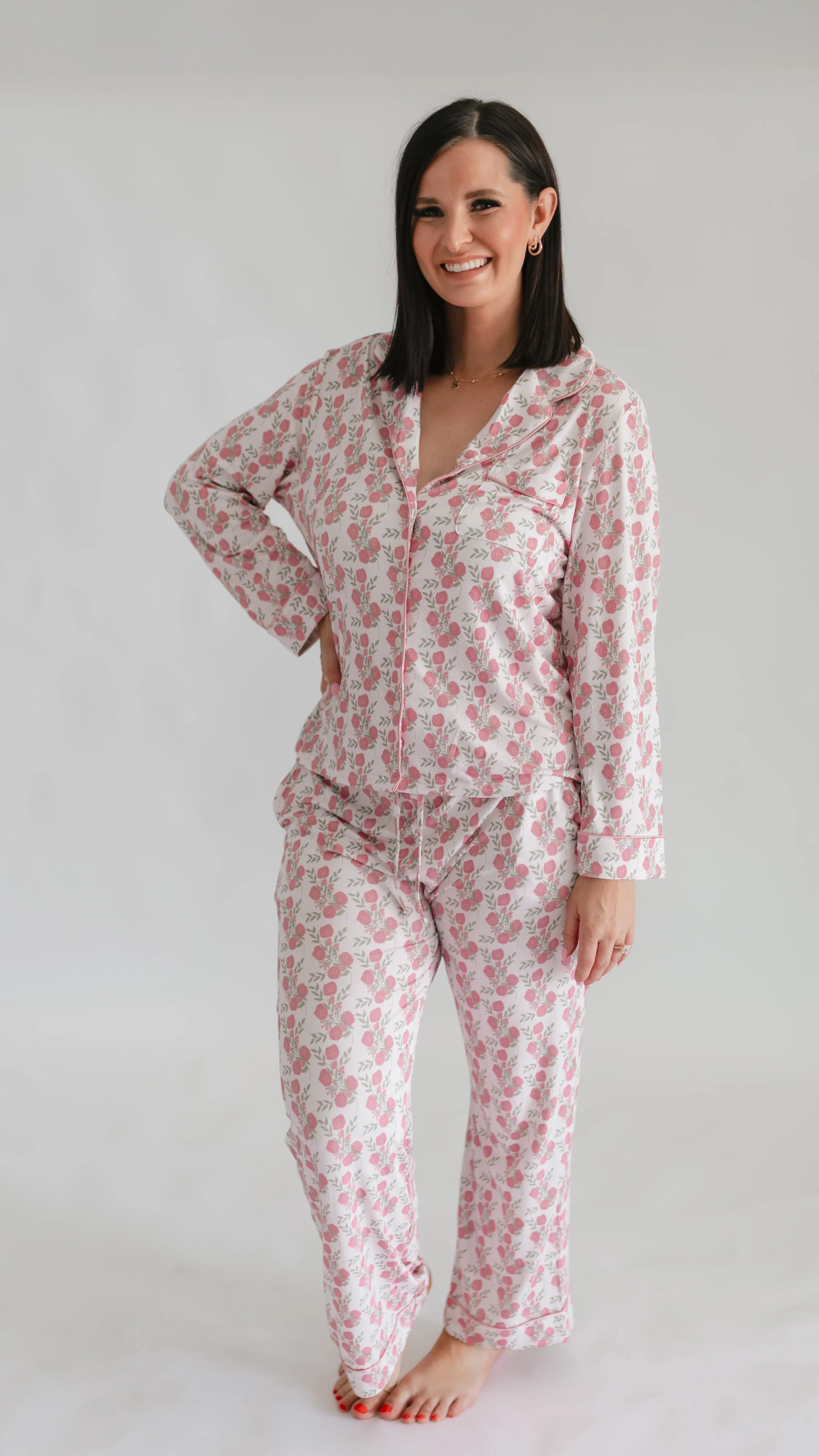 Womens Button Up Set In Pink Floral | Silks Design