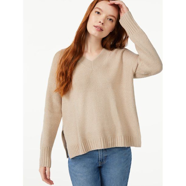 Free Assembly Women's Oversized V-Neck Fuzzy Cotton Sweater - Walmart.com | Walmart (US)