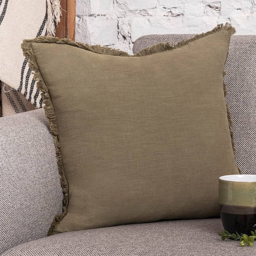 INSPIRED IVORY Decorative Linen Pillow Cover 20x20 Inch - Khaki Green Throw Pillow Cover with Fri... | Amazon (US)