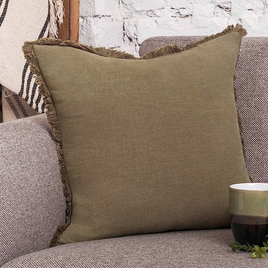 INSPIRED IVORY Decorative Linen Pillow Cover 20x20 Inch - Khaki Green Throw Pillow Cover with Fri... | Amazon (US)