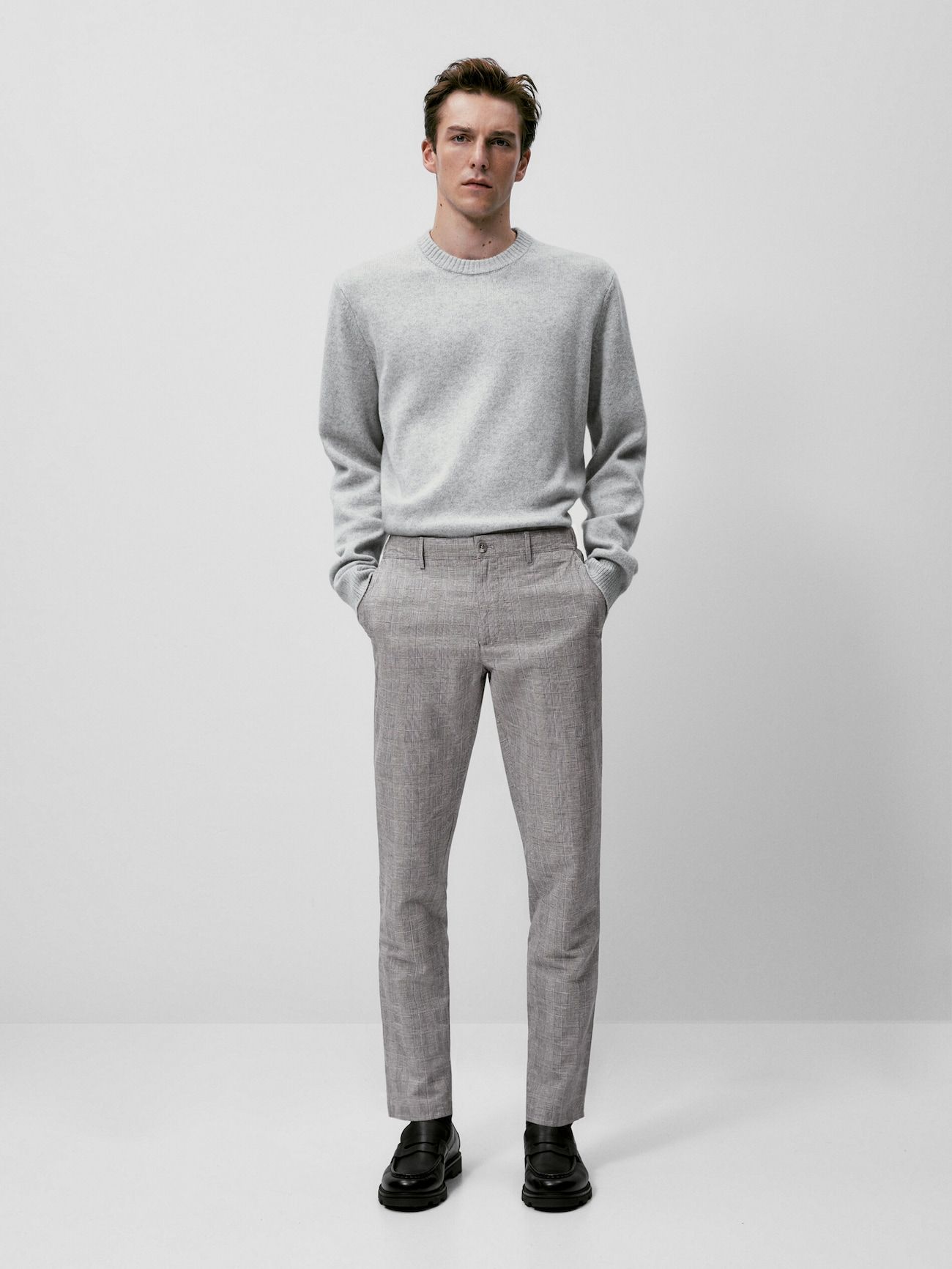 Checked cotton and linen jogging fit trousers | Massimo Dutti (US)