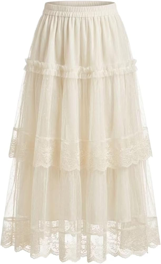 Women's Boho Tiered Lace Maxi Skirt Elastic High Waist A-Line Floral Embroidery Mesh Long Skirt | Amazon (US)