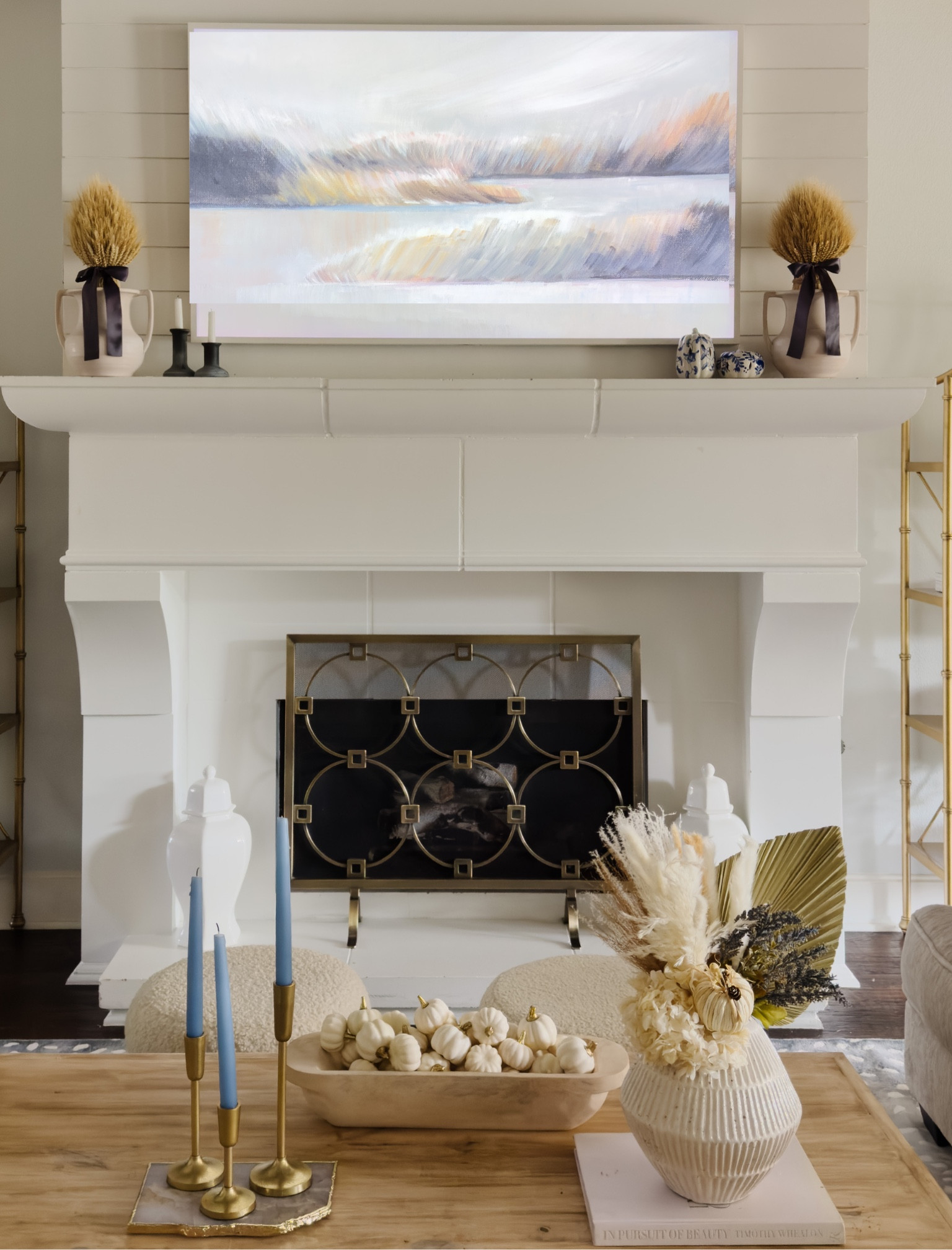 Fall decor. Simple fall mantle. Samsung Frame TV. Art TV. Fall coffee table. Fall living room. Coastal fall decor.

#LTKhome #LTKFind #LTKSeasonal