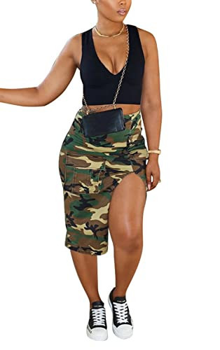 LAJIOJIO Women Camouflage Skirt A-Line Asymmetric Sexy Slit Camouflage Printed Skirt Autumn Loose Maxi Skirts | Amazon (US)