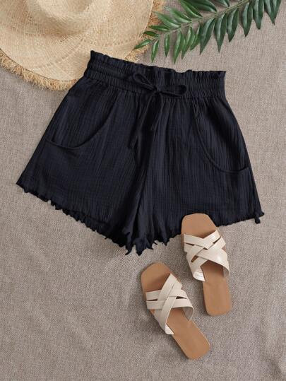 Tie Waist Pocket Raw Hem Crinkle Shorts | SHEIN