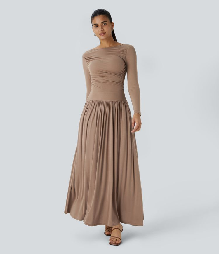 Damen Fließendes, geripptes Maxi-Freizeitkleid mit U-Boot-Ausschnitt, Rüschen und Seitentaschen... | Halara - DE