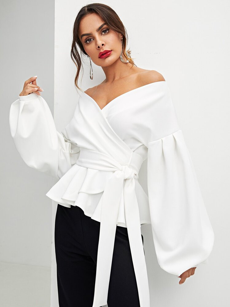 Modelyn Lantern Sleeve Surplice Belted Peplum Off The Shoulder Blouse,Long Sleeve Tops | SHEIN