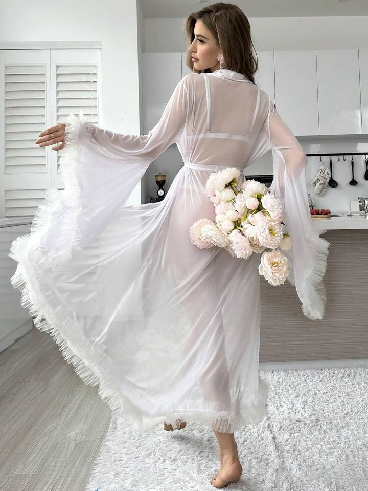 Solid Color Sheer Lace Trimmed Flared Sleeve Mesh Women's Nightgown, Suitable For Summer | SHEIN