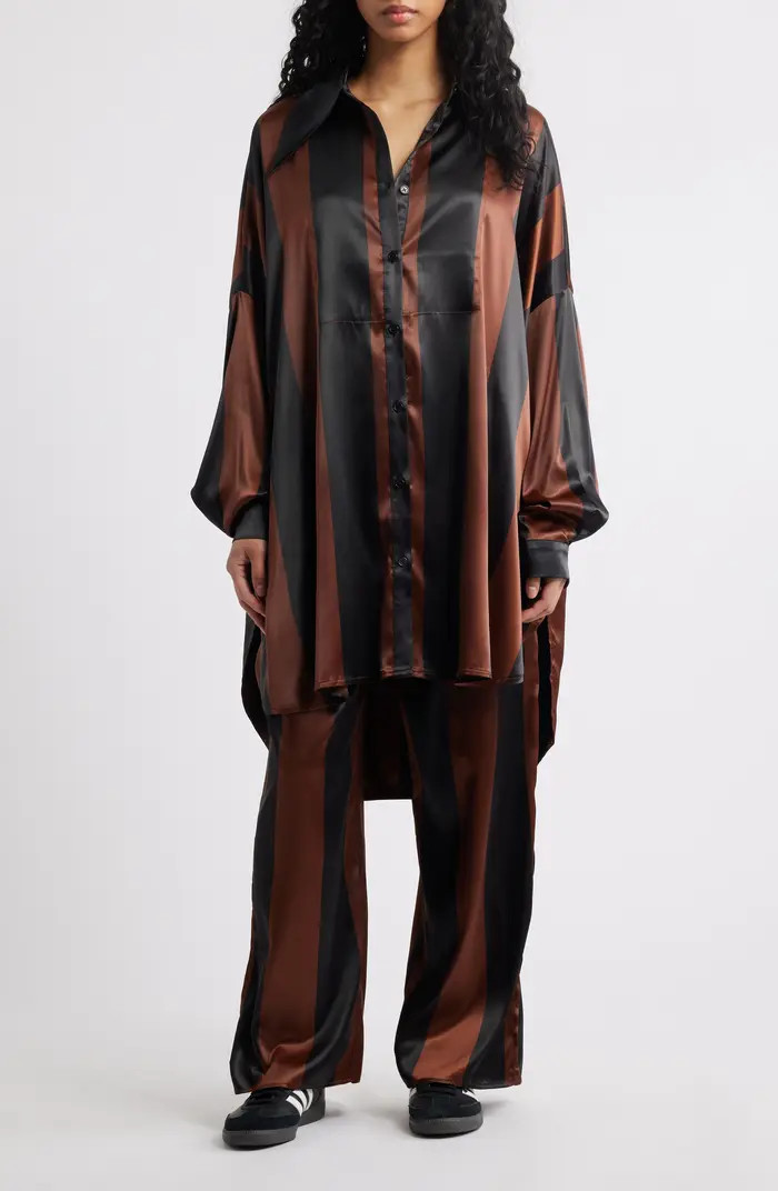 Dressed in Lala Posh Stripe Oversize Satin Button-Up Shirt & Pants Set | Nordstrom | Nordstrom