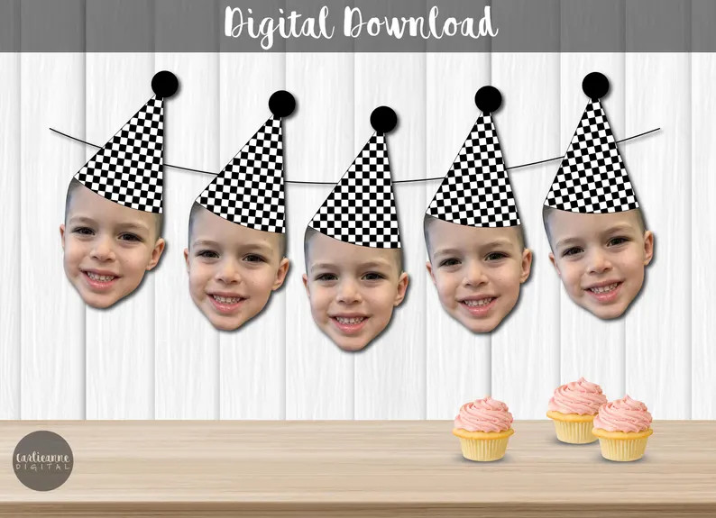 Black & White Checkered Party Hat Face Banner for Racecar Theme Birthday, Skateboarding Theme Par... | Etsy (US)