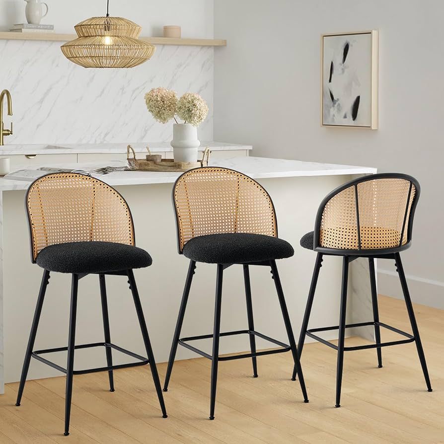 Swivel Counter Height Bar Stools Set of 3, Mid Century Modern 26" Bar Chairs with Rattan Back & M... | Amazon (US)