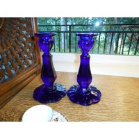 Vintage Cobalt Blue Glass Candlestick Pair, Victorian Tea Lights, Rustic Wedding Primitive Antique Farmhouse | Etsy (US)