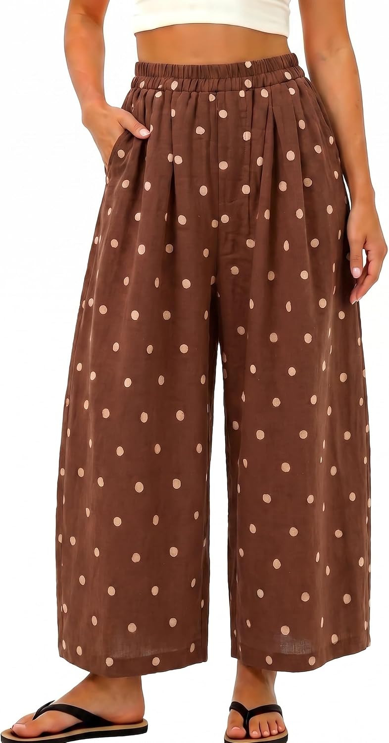 Women's Polka Dot Linen Wide Leg Barrel Pants Casual High Waisted Palazzo Trousers with Pockets for Summer Vacation | Amazon (US)