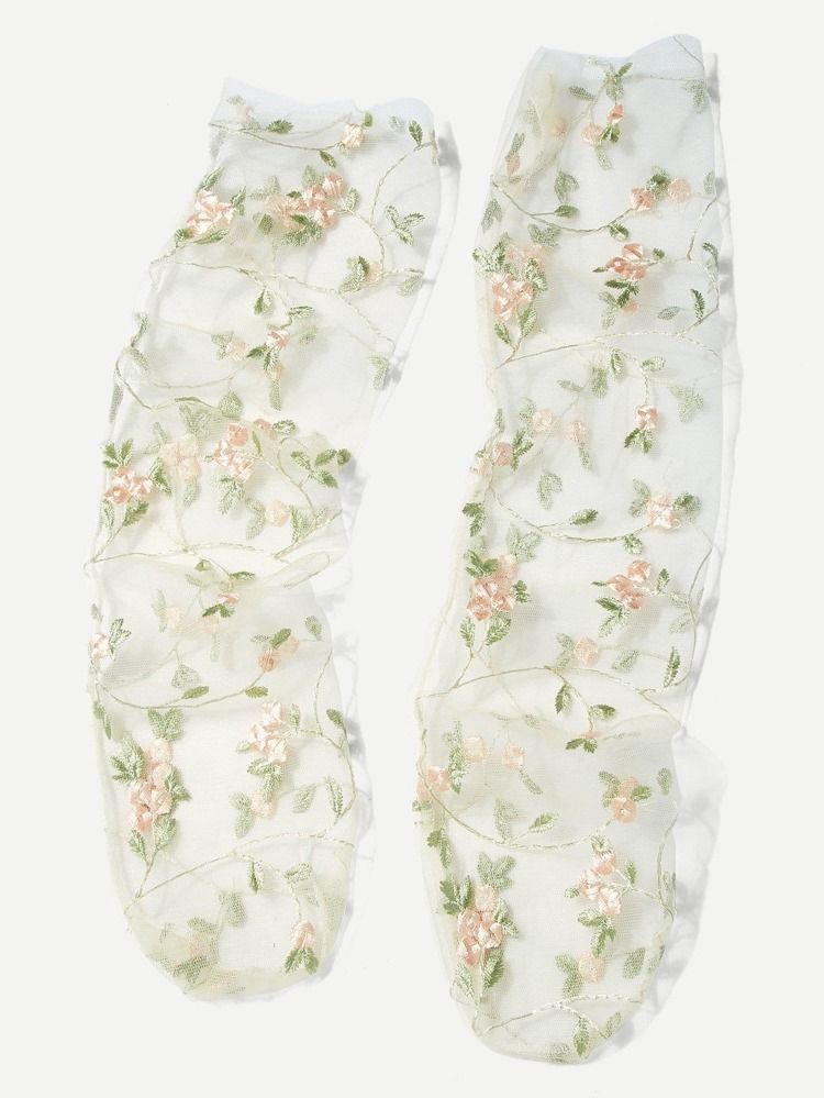 Embroidered Floral Sheer Mesh Slouch Socks | SHEIN