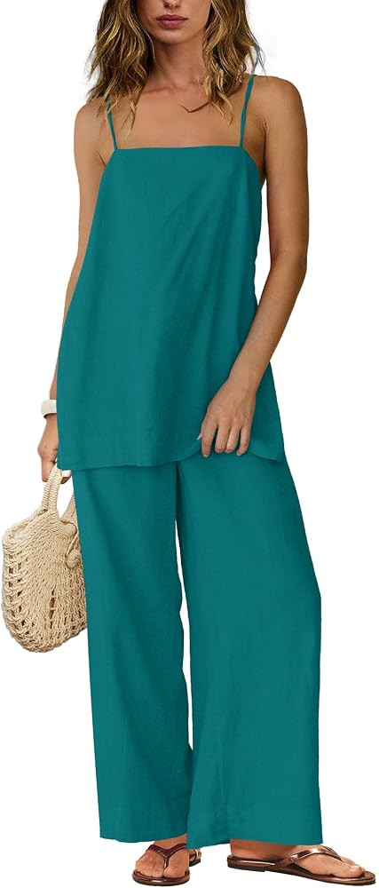 SENSERISE Linen Sets for Women 2 Piece Set Summer Beach Vacation Outfits Spaghetti Strap Tank Top... | Amazon (US)