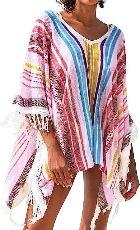 CUPSHE Women's Cover Up Colorful Stripe Tassels V Neck Swimsuit | Amazon (US)