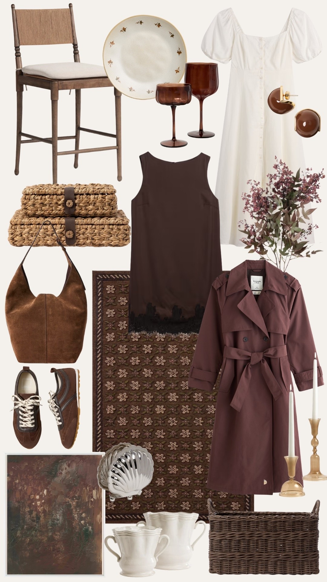 September mood: warm browns, burgundy, and cream. Building my fall capsule around a few key pieces — this trench coat is doing SO much heavy lifting, and I'm obsessed with the suede hobo bag as my everyday carry. Mixing in some home pieces too because fall isn't just a wardrobe, it's a whole atmosphere. Woven baskets, amber glassware, and a cozy floral rug for the living room refresh. Tap through for all the links — outfit + home edition in one! #LTKSeasonal #LTKhome #LTKstyletip