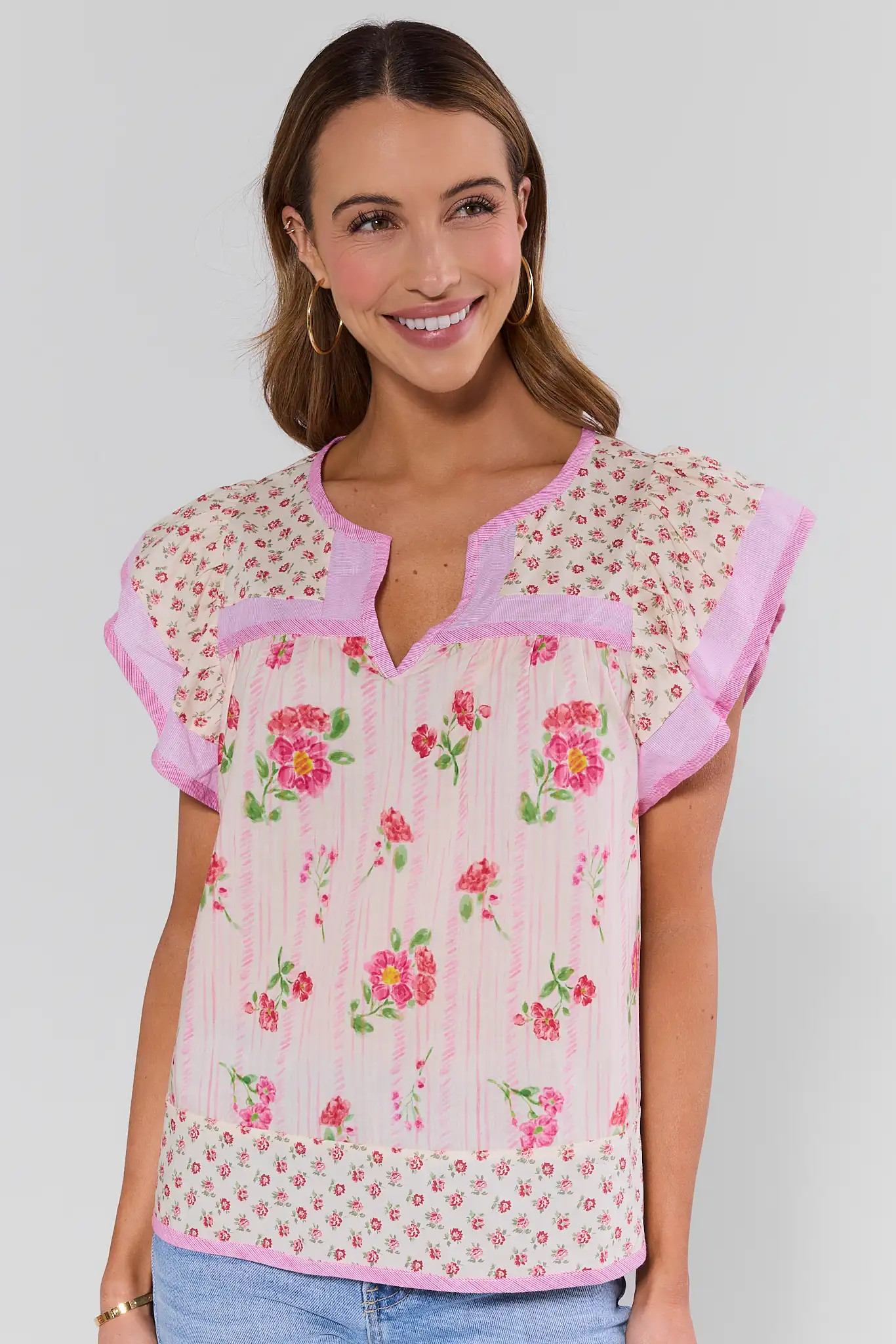 Pink Multi Floral Flutter Sleeve Top | Avara