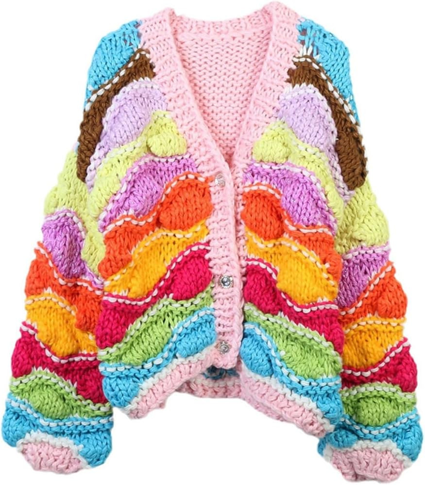 Women's Wool Long Sleeve Knitwear Sweater Loose Short Jacket Pullover Jumper with Handmade Flower... | Amazon (US)