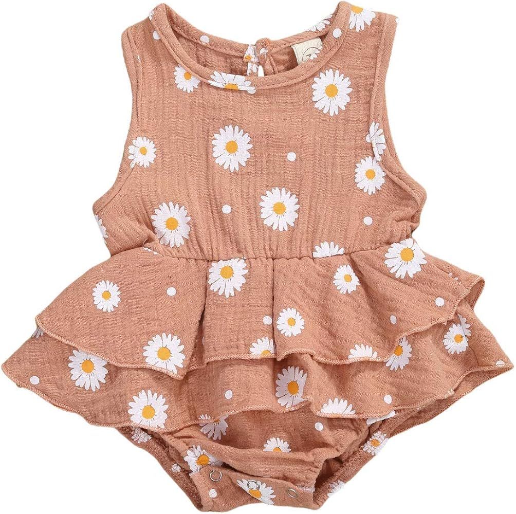 Newborn Infant Baby Girl Romper Jumpsuit Cotton Linen Sleeveless Ruffled Bodysuit Summer Outfit C... | Amazon (US)
